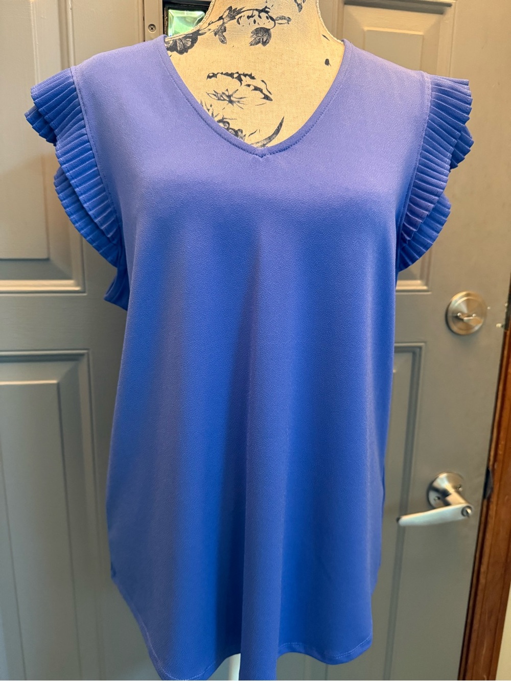 Adrienne Pappel-V-Neck Flutter Sleeve Top in Periwinkle Blue (L)